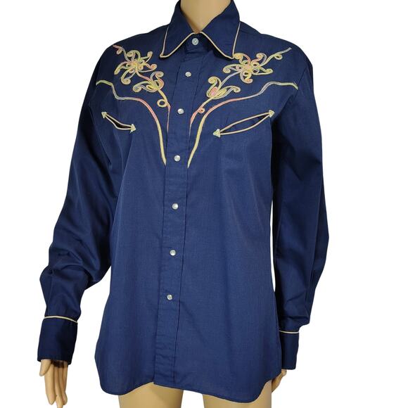 1970s Blue Western Shirt Embroidered Floral Pattern Pearl Snap Buttons Size Med - Picture 1 of 7
